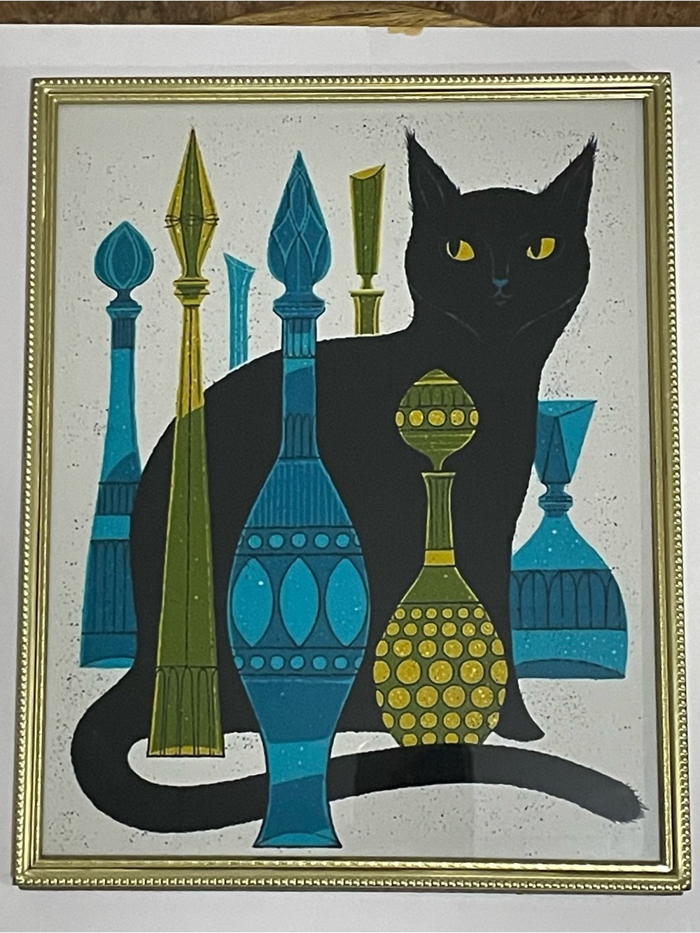 Mid-Century Modern Black Cat Art Print with Teal & Olive Glass Bottles